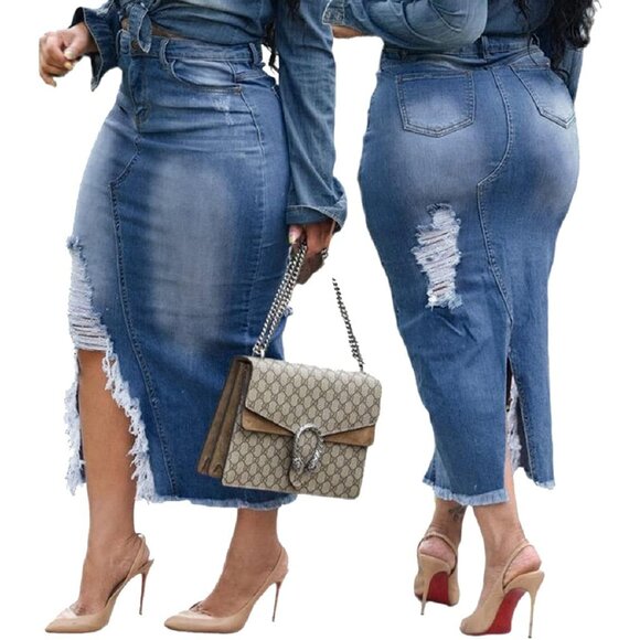 Women's Stretch Denim Midi Skirt High Waisted Button Frayed Pockets Casual - Picture 2 of 6